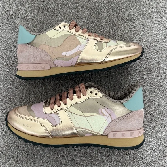 VALENTINO GARAVANI ROCKRUNNER LEATHER CAMO SNEAKERS/PINK & ROSE GOLD Size 37.5 - Picture 7 of 10